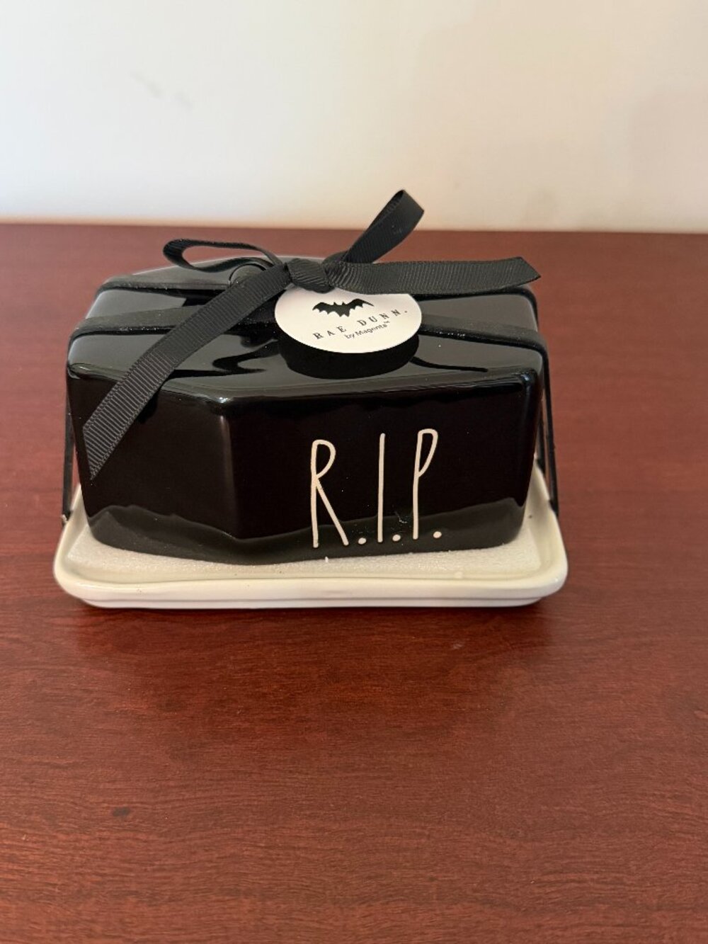 Rae Dunn Halloween R.I.P. Covered Butter Dish w/ Lid Black White Ceramic
